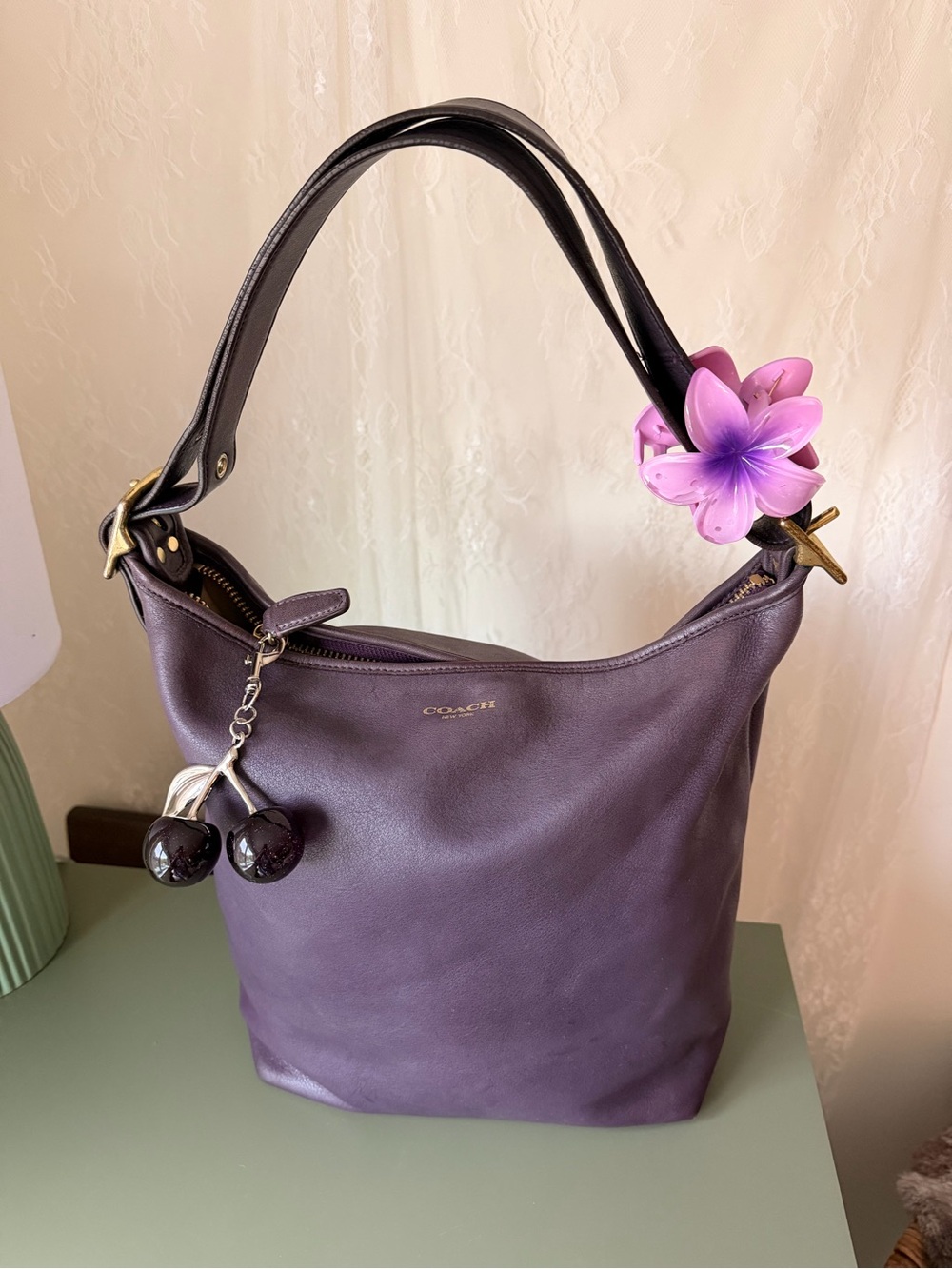 Coach Plum Leather Shoulder Bag with Charm